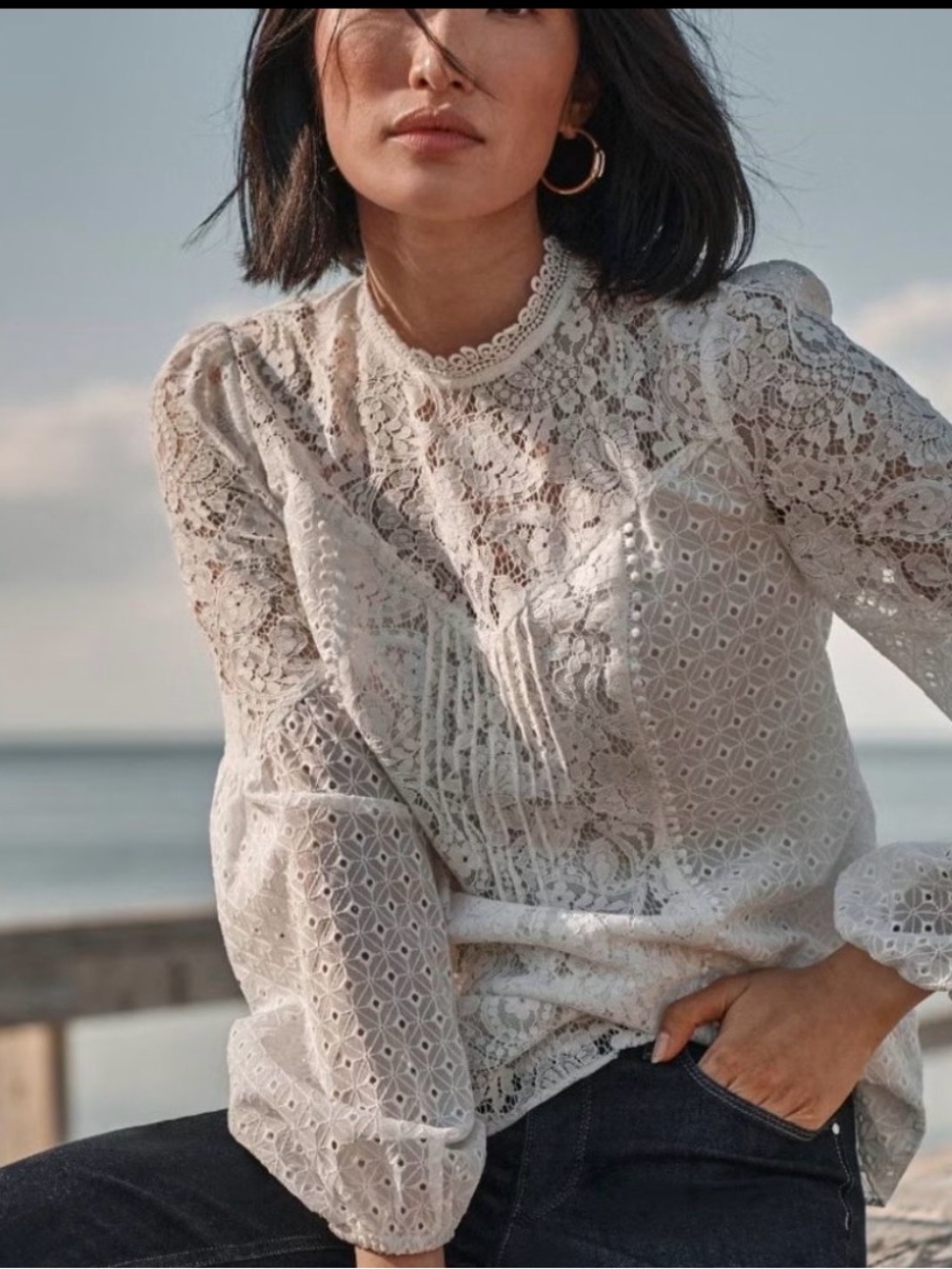 NWT White House Black Market Ivory Lace Long-Sleeve Blouse